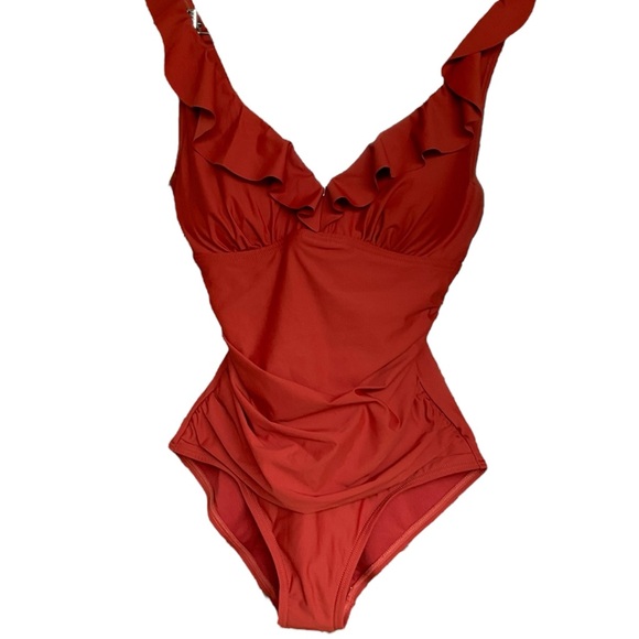 DKNY NWT Ruffle Plunge Underwire Tummy Control One-Piece Swimsuit Size S/P - Picture 4 of 16